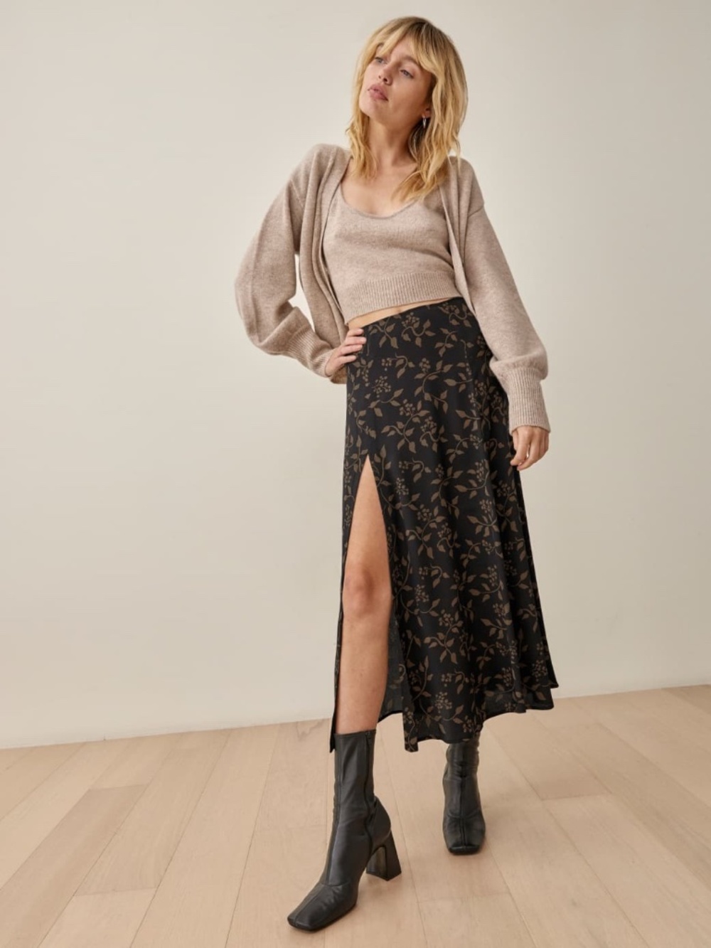 Reformation Black Floral Midi Skirt with Side Slit